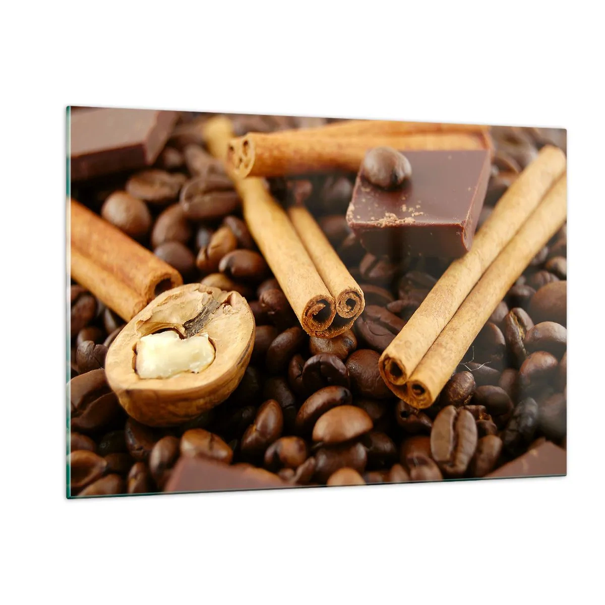 Quadro su vetro - Primo piano di caffè, cannella, cioccolato e noci - 120x80cm - Concerto di sapori - Decorazione murale moderna per soggiorno e camera da letto ARTTOR
