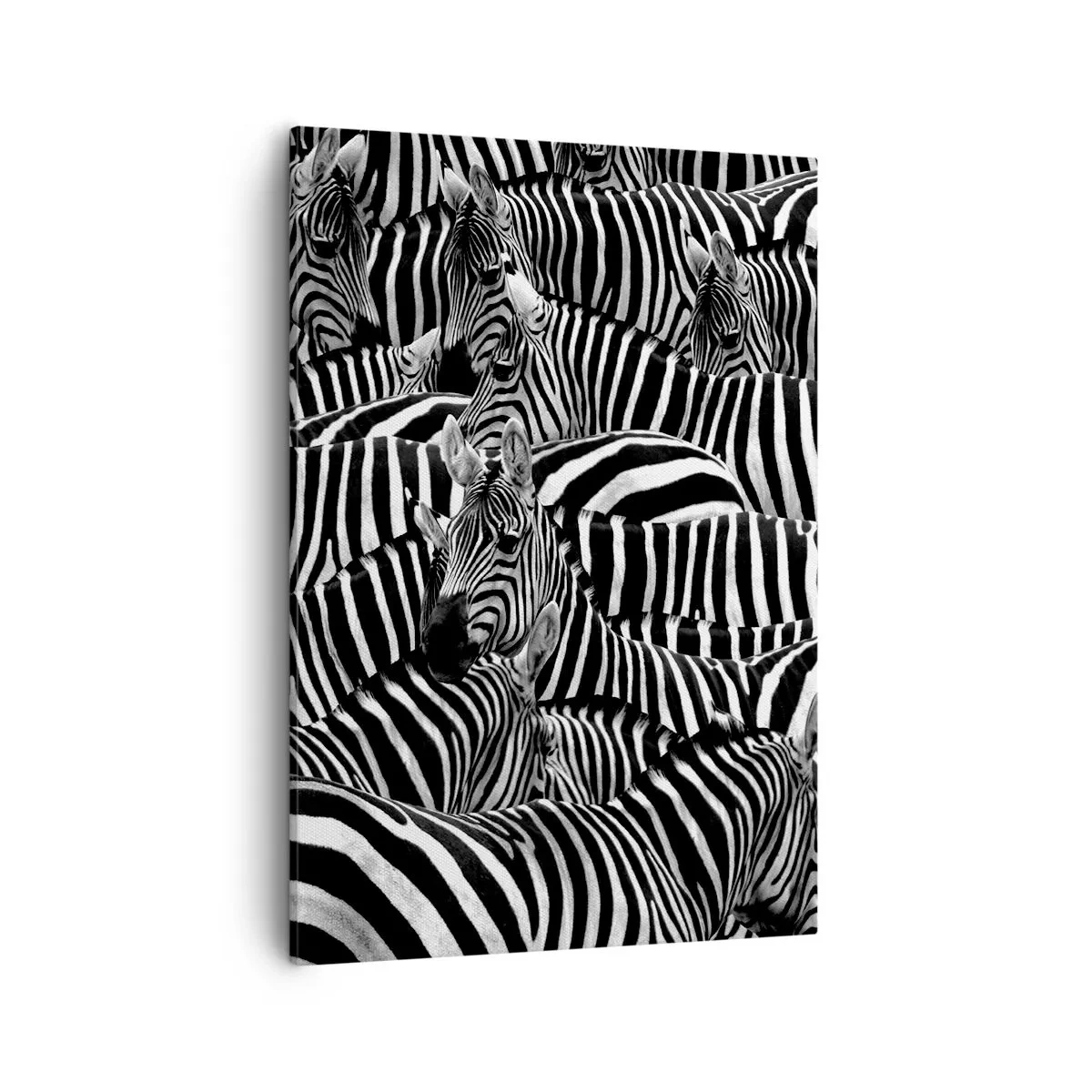 Quadro su tela - Stampe su Tela - Un gruppo di zebre con strisce bianche e nere che creano un motivo di simmetria. - 50x70cm - Ritratto collettivo a strisce - Decorazione murale moderna per soggiorno e camera da letto ARTTOR