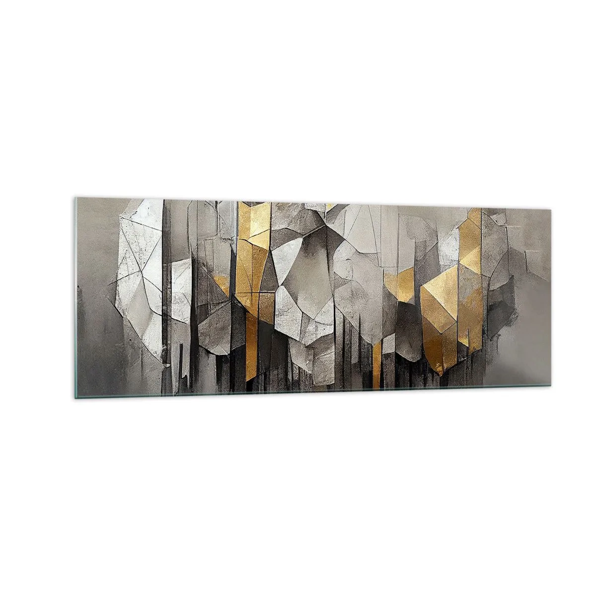 Quadro su vetro - Astrazione geometrica nei toni dell'oro e del grigio - 140x50cm - Composizione di ghiaccio e luce - Decorazione murale moderna per soggiorno e camera da letto ARTTOR