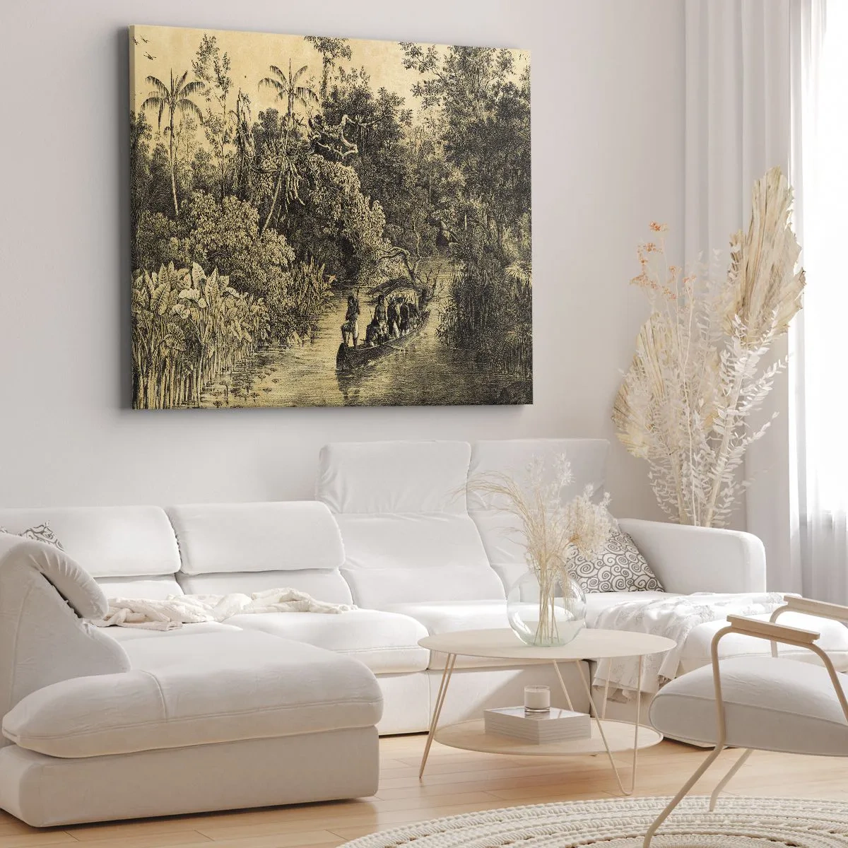 Quadro su tela - Stampe su Tela - Disegno di una giungla con una barca su un fiume - 70x50cm - Viaggio alla fonte - Decorazione murale moderna per soggiorno e camera da letto ARTTOR