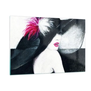 Quadro su vetro - Ritratto di una donna con un grande cappello con una piuma rosa - 120x80cm - Sempre un mistero - Decorazione murale moderna per soggiorno e camera da letto ARTTOR