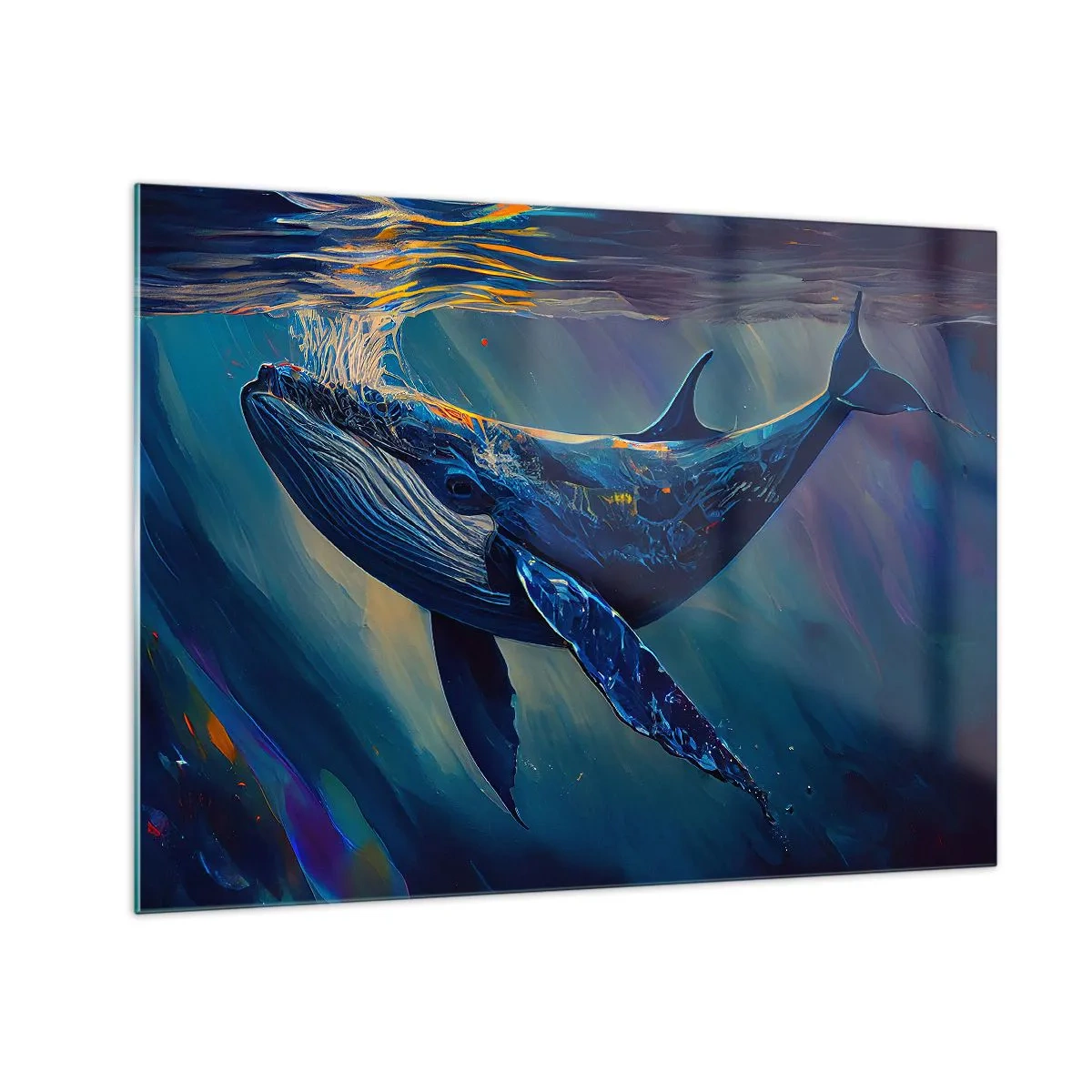 Quadro su vetro - Una balena che galleggia sott'acqua alla luce del sole - 70x50cm - Benvenuti nel mio mondo - Decorazione murale moderna per soggiorno e camera da letto ARTTOR