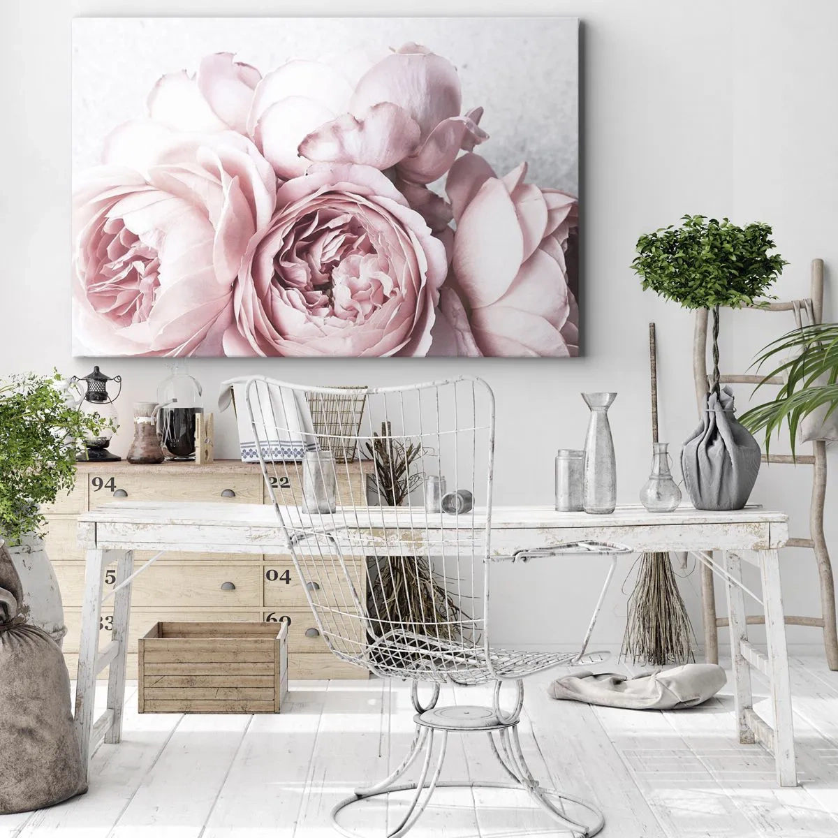 Quadro su tela - Stampe su Tela - Peonie rosa in luce soffusa su uno sfondo chiaro - 70x50cm - Per i romantici - Decorazione murale moderna per soggiorno e camera da letto ARTTOR