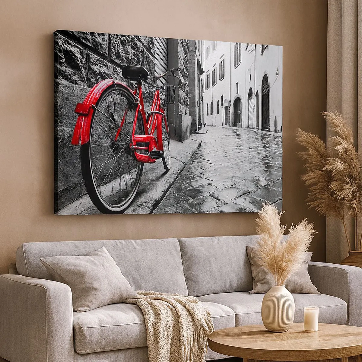 Quadro su tela - Stampe su Tela - Bicicletta rossa in una strada bianca e nera - 70x50cm - La vera bellezza non invecchia - Decorazione murale moderna per soggiorno e camera da letto ARTTOR