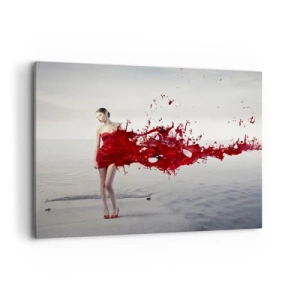 Quadro su tela - Stampe su Tela - Una donna in abito rosso in una composizione artistica in riva all'acqua - 100x70cm - Appassionata come lo scarlatto - Decorazione murale moderna per soggiorno e camera da letto ARTTOR