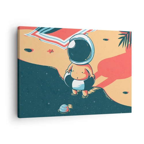 Quadro su tela - Stampe su Tela - Divertente astronauta sulla spiaggia con elementi spaziali sullo sfondo - 70x50cm - Da un'altra prospettiva - Decorazione murale moderna per soggiorno e camera da letto ARTTOR