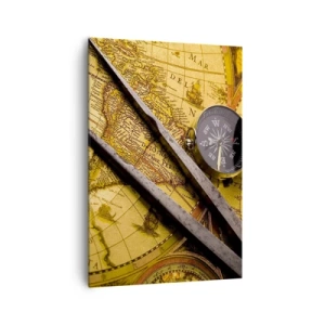 Quadro su tela - Stampe su Tela - Una mappa del mondo antica con una bussola e un paio di bussole sullo sfondo - 70x100cm - Dove sono questi tesori? - Decorazione murale moderna per soggiorno e camera da letto ARTTOR