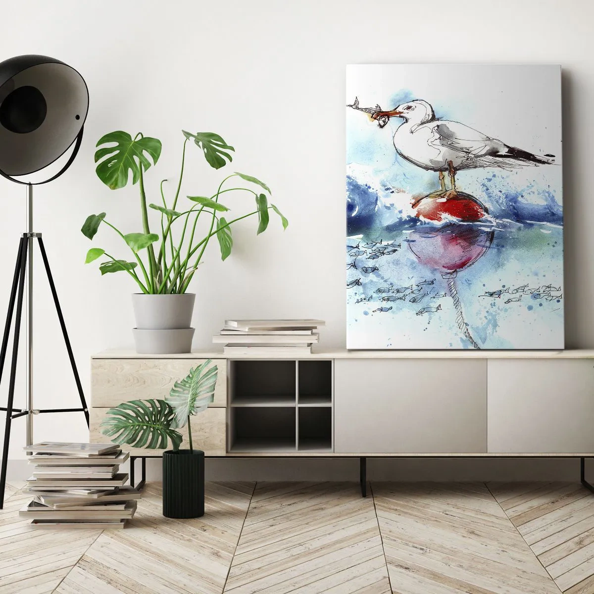 Quadro su tela - Stampe su Tela - Gabbiano su una boa con pesci sullo sfondo in stile acquerello - 50x70cm - Buona pesca - Decorazione murale moderna per soggiorno e camera da letto ARTTOR