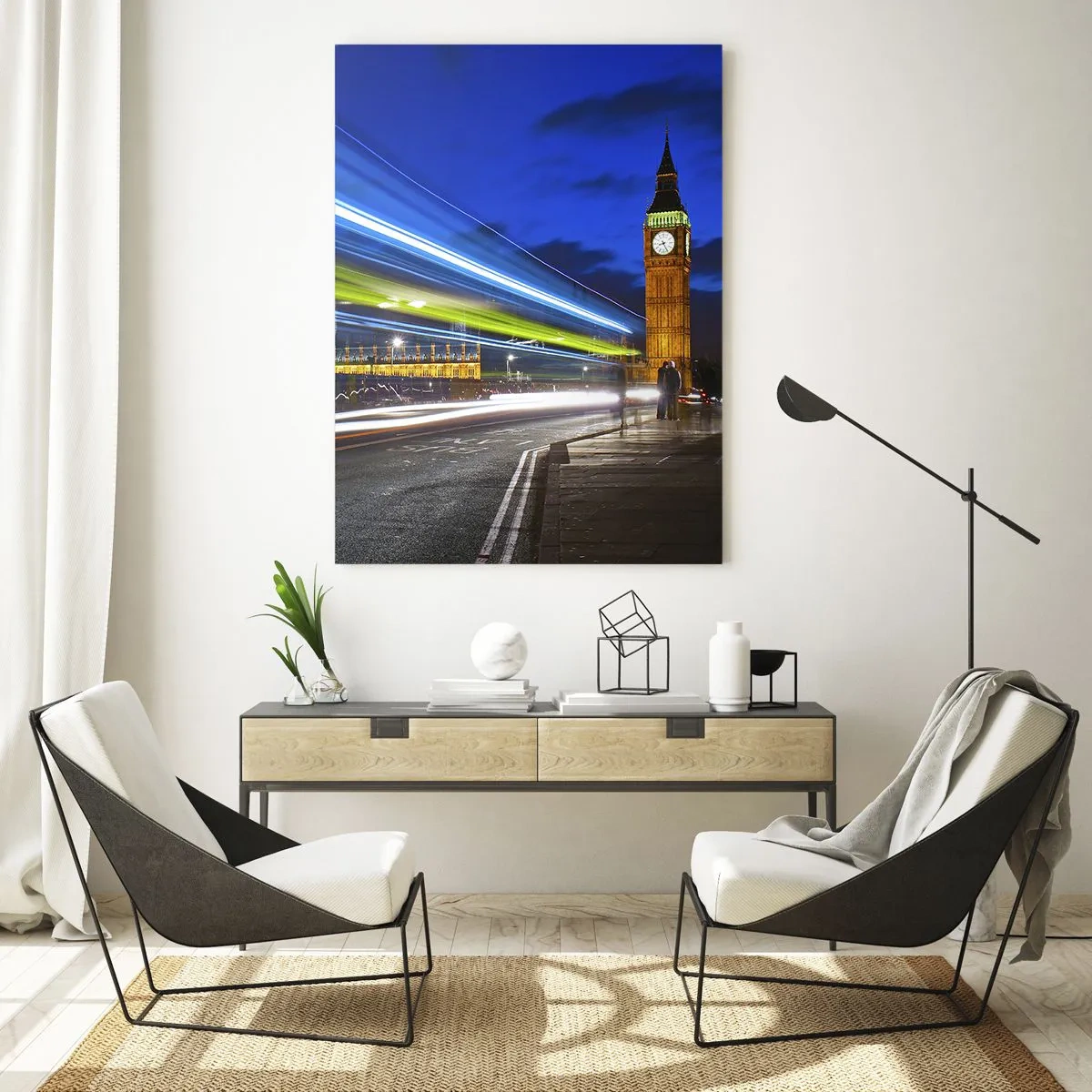 Quadro su vetro - Big Ben di notte con l'effetto delle luci nel traffico stradale - 80x120cm - Sotto lo sguardo del Big Ben - Decorazione murale moderna per soggiorno e camera da letto ARTTOR