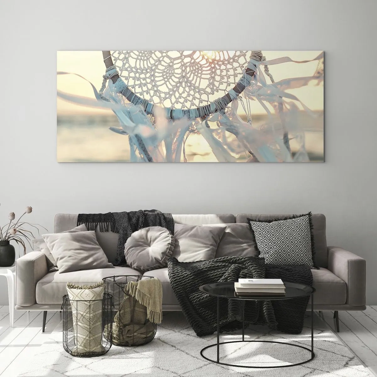 Quadro su vetro - Un delicato acchiappasogni sullo sfondo del sole al tramonto - 140x50cm - Totem di pizzo - Decorazione murale moderna per soggiorno e camera da letto ARTTOR