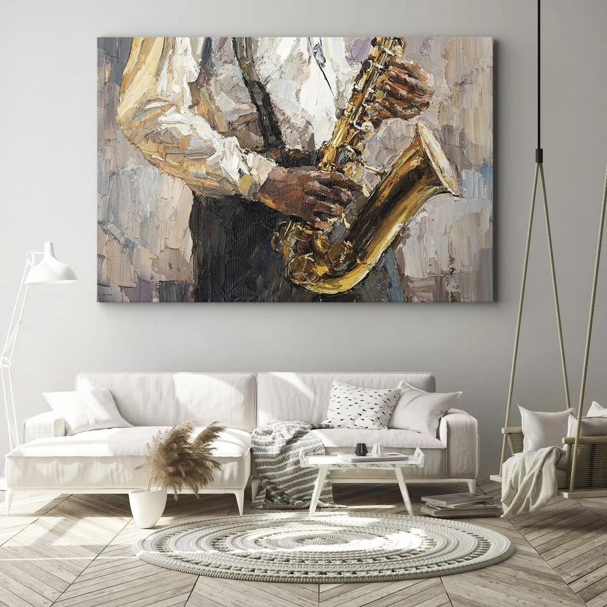 Quadro su tela - Stampe su Tela - Un musicista che suona il sassofono in uno stile artistico - 120x80cm - Tempo di assolo - Decorazione murale moderna per soggiorno e camera da letto ARTTOR