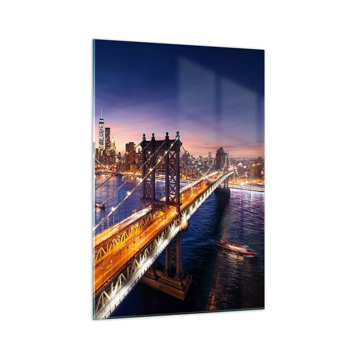 Quadro su vetro - Il ponte e il panorama della città al tramonto - 70x100cm - Il ponte luminoso fino al cuore della città - Decorazione murale moderna per soggiorno e camera da letto ARTTOR