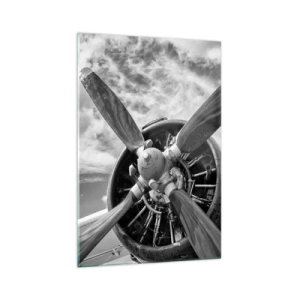 Quadro su vetro - Una foto in bianco e nero dell'elica di un aereo contro un cielo dinamico. - 70x100cm - Il dominatore dell'aria - Decorazione murale moderna per soggiorno e camera da letto ARTTOR