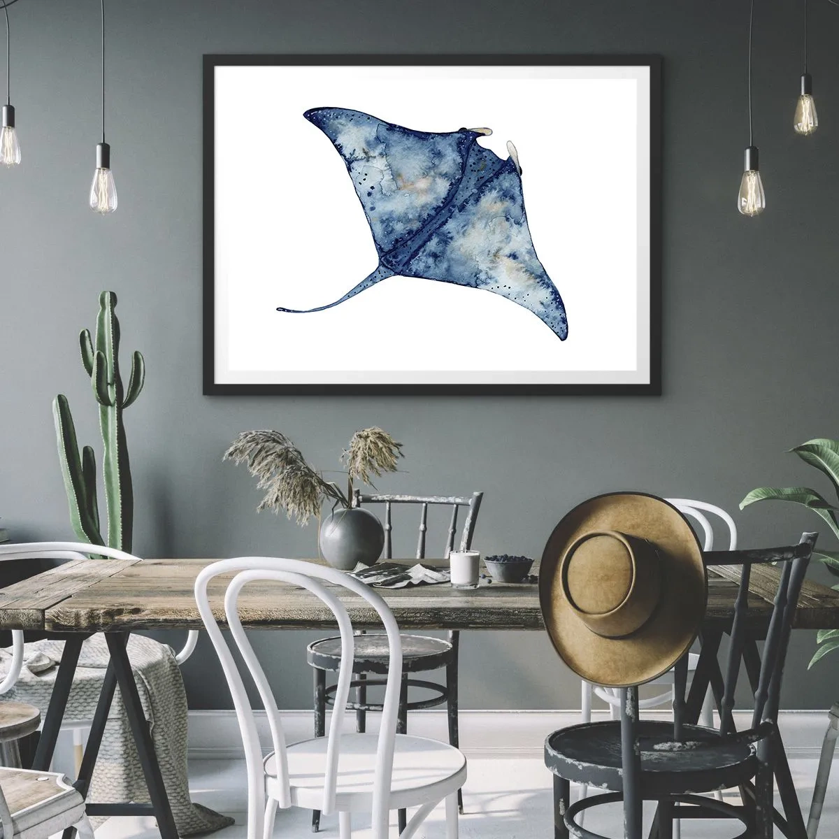 Poster in cornice nera - Razza blu in stile acquerello su sfondo bianco - 70x50cm - Vita nel blu - Decorazione murale moderna per soggiorno e camera da letto ARTTOR