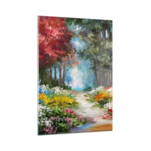 Quadro su vetro - Un giardino forestale colorato con fiori in fiore - 50x70cm - Il giardino del bosco d'aprile - Decorazione murale moderna per soggiorno e camera da letto ARTTOR