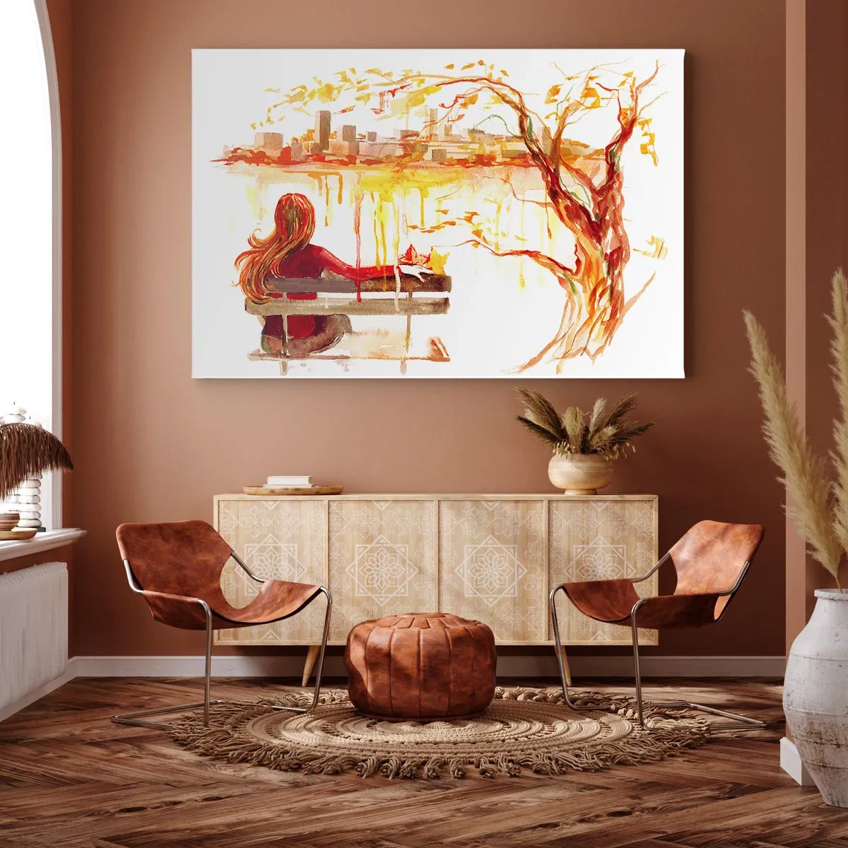 Quadro su tela - Stampe su Tela - Scena ad acquerello di una donna su una panchina con vista sulla città - 120x80cm - Un momento di riflessione - Decorazione murale moderna per soggiorno e camera da letto ARTTOR