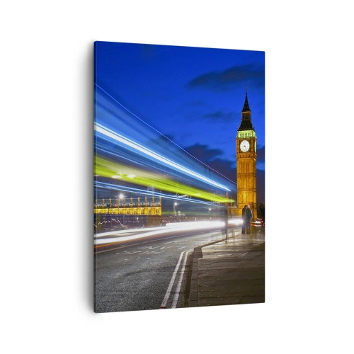 Quadro su tela - Stampe su Tela - Big Ben di notte con l'effetto delle luci nel traffico stradale - 50x70cm - Sotto lo sguardo del Big Ben - Decorazione murale moderna per soggiorno e camera da letto ARTTOR