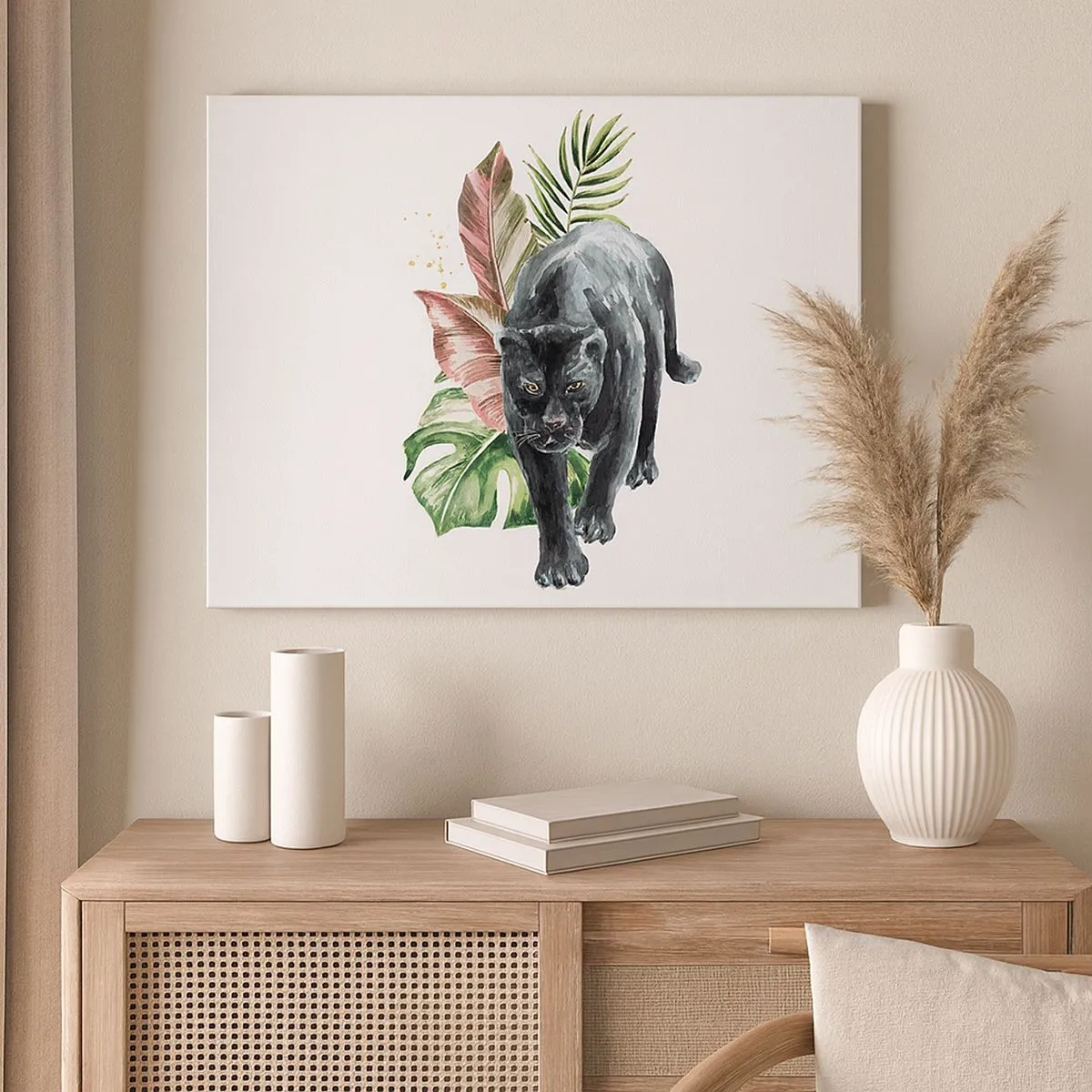 Quadro su tela - Stampe su Tela - Pantera nera circondata da foglie tropicali - 70x50cm - Cuore selvaggio - Decorazione murale moderna per soggiorno e camera da letto ARTTOR