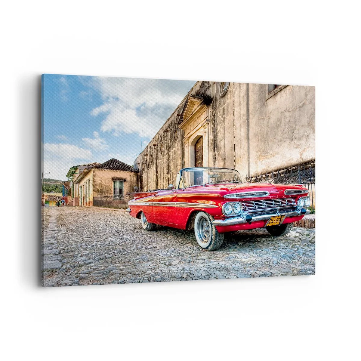 Quadro su tela - Stampe su Tela - Auto d'epoca rossa su una strada acciottolata - 100x70cm - Impressioni di Cuba - Decorazione murale moderna per soggiorno e camera da letto ARTTOR