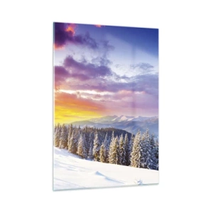 Quadro su vetro - Paesaggio montano invernale con alberi innevati e un cielo colorato - 50x70cm - Una bianca giornata - Decorazione murale moderna per soggiorno e camera da letto ARTTOR