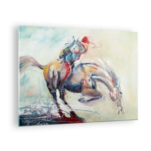 Quadro su vetro - Un'immagine astratta di un cavallo in movimento dinamico. - 70x50cm - Tieniti, voliamo - Decorazione murale moderna per soggiorno e camera da letto ARTTOR