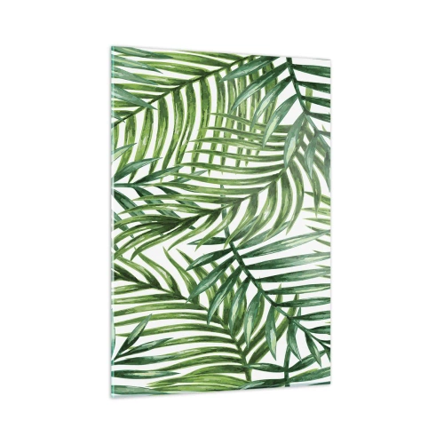 Quadro su vetro - Foglie di palma verdi su sfondo bianco che creano un motivo geometrico - 50x70cm - Sotto un baldacchino verde - Decorazione murale moderna per soggiorno e camera da letto ARTTOR