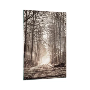Quadro su vetro - Un sentiero nel bosco tra alberi color seppia - 70x100cm - La cattedrale del bosco - Decorazione murale moderna per soggiorno e camera da letto ARTTOR