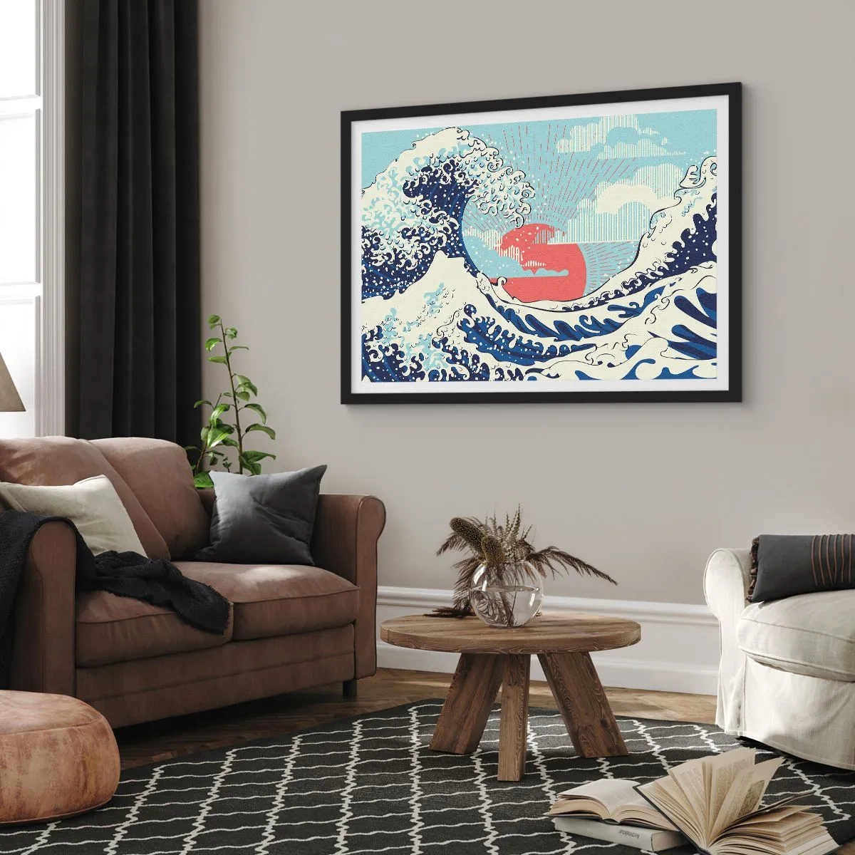 Poster in cornice nera - Onde dell'oceano e un tramonto in stile giapponese - 70x50cm - Di ispirazione giapponese - Decorazione murale moderna per soggiorno e camera da letto ARTTOR