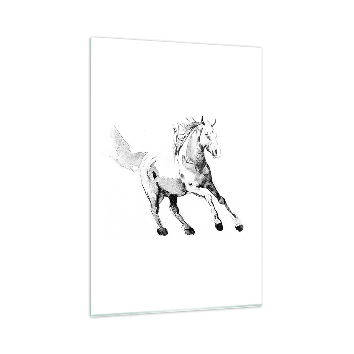 Quadro su vetro - Schizzo di un cavallo al galoppo nei toni del bianco e nero - 80x120cm - Anima indomabile - Decorazione murale moderna per soggiorno e camera da letto ARTTOR