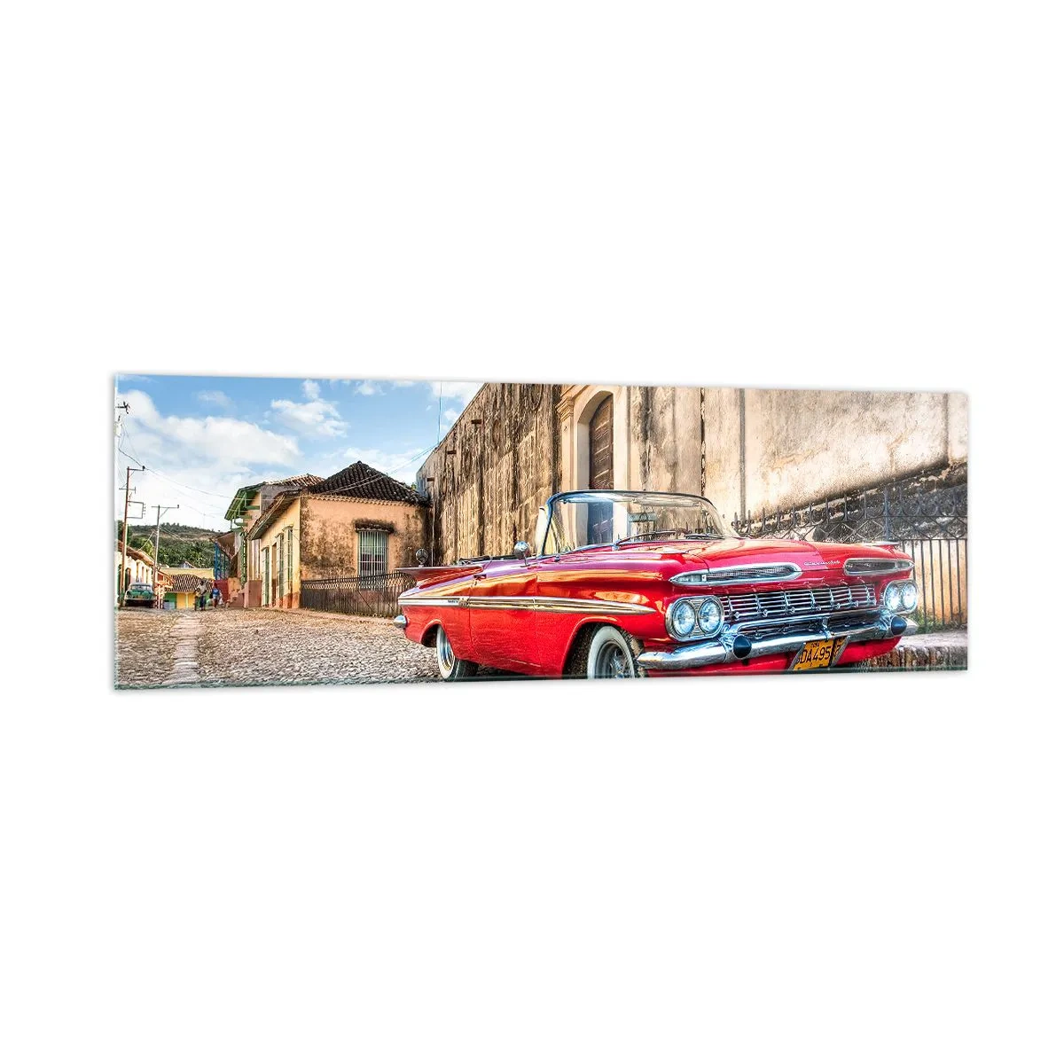 Quadro su vetro - Auto d'epoca rossa su una strada acciottolata - 160x50cm - Impressioni di Cuba - Decorazione murale moderna per soggiorno e camera da letto ARTTOR