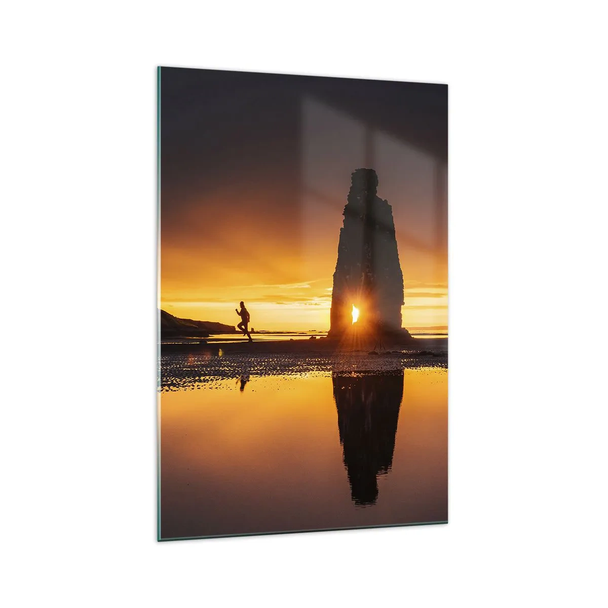 Quadro su vetro - Persona che corre sulla spiaggia al tramonto con formazione rocciosa - 70x100cm - Solo tu e la natura - Decorazione murale moderna per soggiorno e camera da letto ARTTOR
