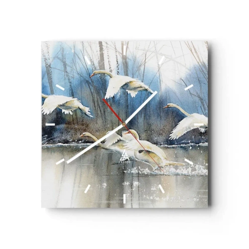 Orologio da parete - Orologio in Vetro - Cigni in volo sopra un lago ghiacciato in un paesaggio invernale - 30x30cm - Come la favola dei cigni selvatici - Decorazione murale moderna per soggiorno e camera da letto ARTTOR