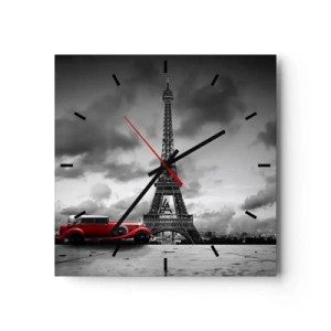 Orologio da parete - Orologio in Vetro - Auto retrò rossa davanti alla Torre Eiffel in bianco e nero - 30x30cm - Non molto tempo fa a Parigi - Decorazione murale moderna per soggiorno e camera da letto ARTTOR