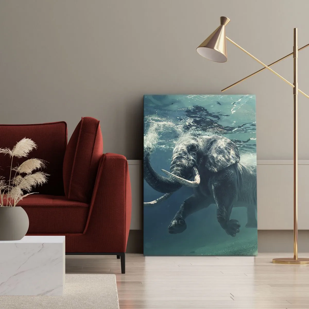 Quadro su tela - Stampe su Tela - Un elefante che nuota sott'acqua nelle profondità turchesi - 70x100cm - Tutti amano nuotare - Decorazione murale moderna per soggiorno e camera da letto ARTTOR