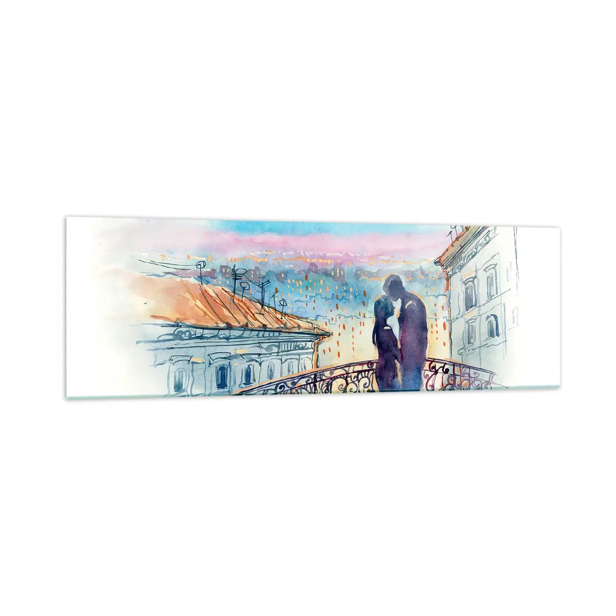 Quadro su vetro - Coppia romantica su un balcone con vista sulla città - 160x50cm - Amanti parigini - Decorazione murale moderna per soggiorno e camera da letto ARTTOR