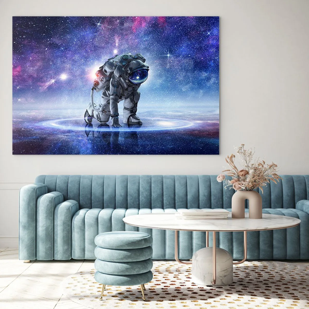 Quadro su vetro - Astronauta nello spazio contro il cielo stellato - 120x80cm - Il cielo stellato sopra di me - Decorazione murale moderna per soggiorno e camera da letto ARTTOR
