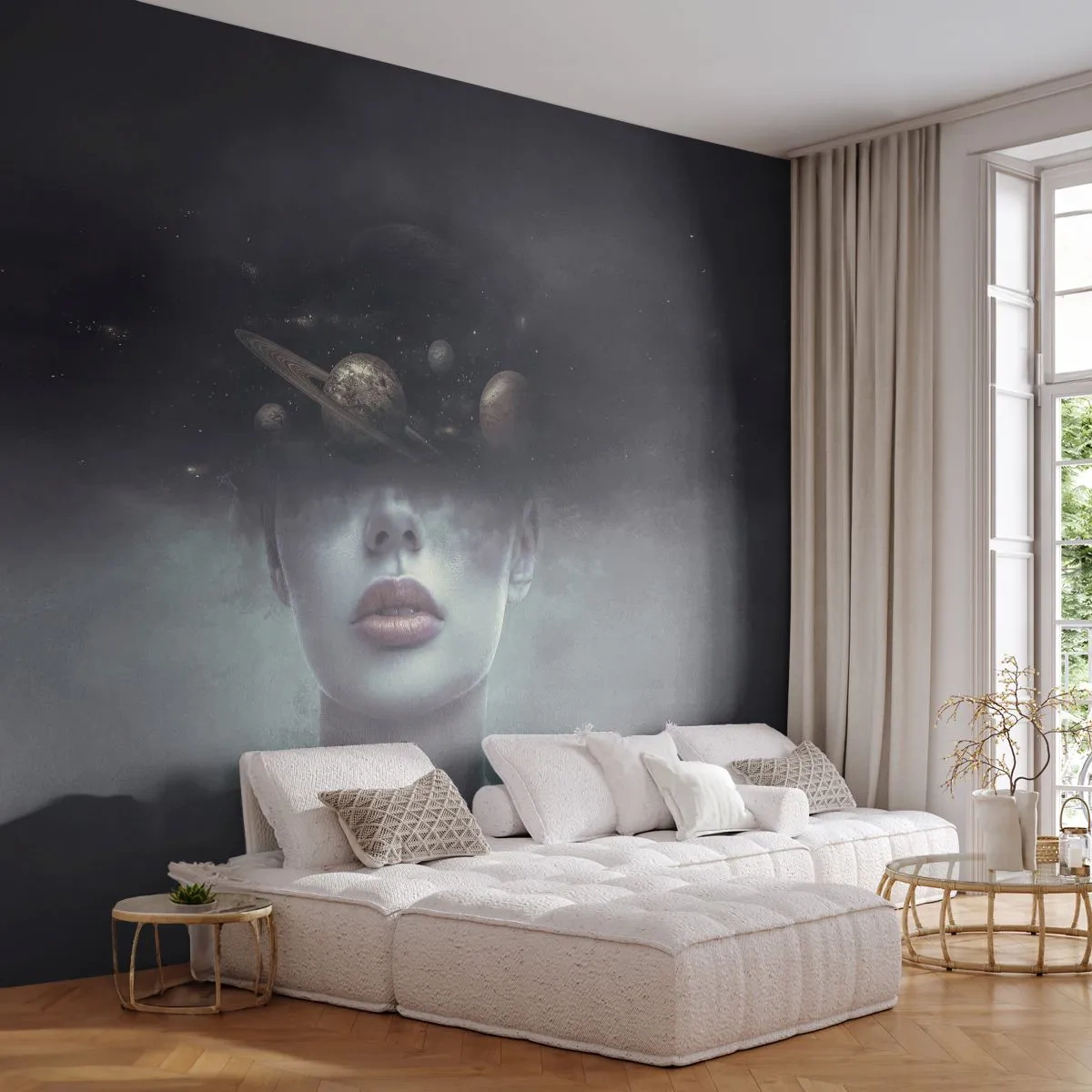 Fotomurali Premium Canvas - Volto di donna con un pianeta e un motivo spaziale sullo sfondo - 100x70cm - E i pianeti folleggiano... - Decorazione murale moderna per soggiorno e camera da letto ARTTOR