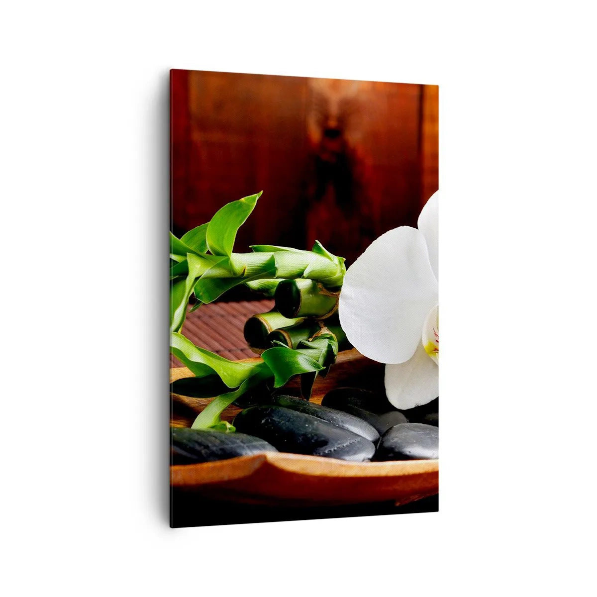 Quadro su tela - Stampe su Tela - Orchidea bianca con bambù su sfondo di pietra in stile Zen - 80x120cm - Lasciati toccare dalla natura - Decorazione murale moderna per soggiorno e camera da letto ARTTOR