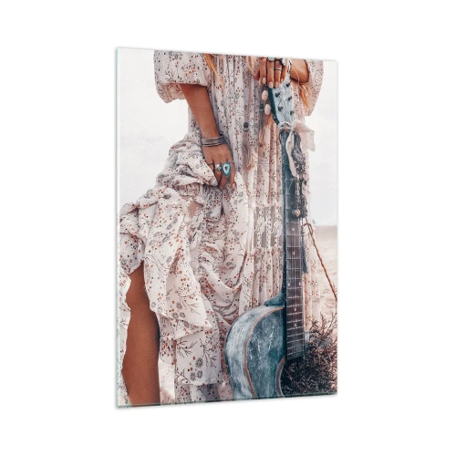 Quadro su vetro - Donna in stile boho con chitarra sulla spiaggia - 80x120cm - Figli dei fiori in cammino - Decorazione murale moderna per soggiorno e camera da letto ARTTOR