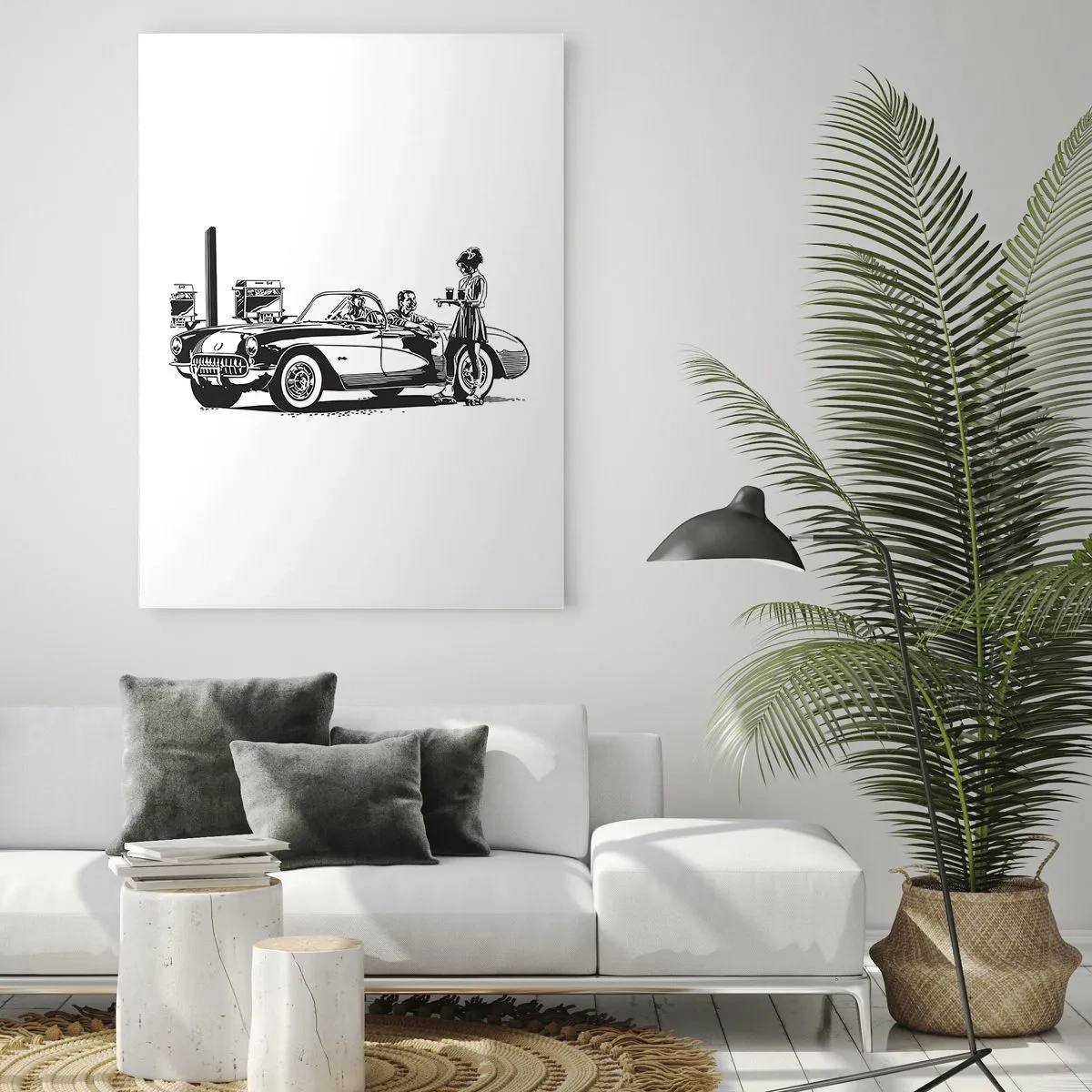 Quadro su vetro - Una scena retrò in bianco e nero con un'auto e una cameriera sui pattini a rotelle. - 80x120cm - Anni '60: l'America spensierata - Decorazione murale moderna per soggiorno e camera da letto ARTTOR