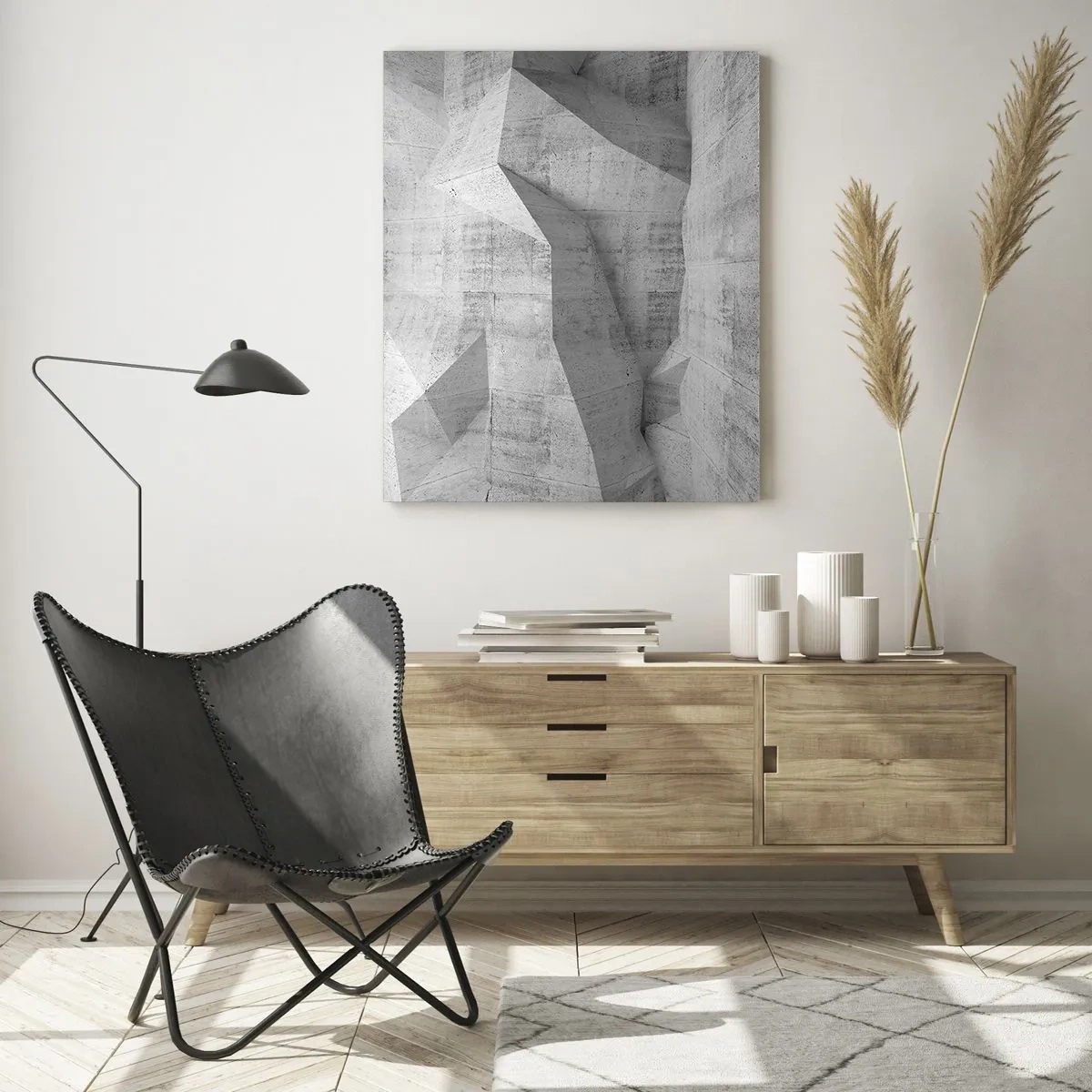 Quadro su vetro - Struttura geometrica in cemento nei toni del grigio - 50x70cm - Una vera sfida - Decorazione murale moderna per soggiorno e camera da letto ARTTOR