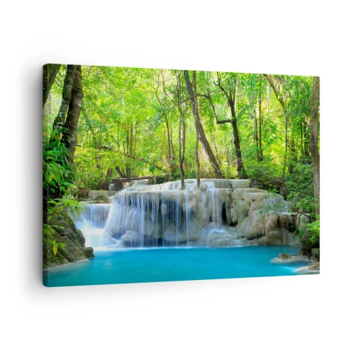 Quadro su tela - Stampe su Tela - Una cascata tra alberi verdi con acqua blu in un ambiente naturale - 70x50cm - Annegare nel turchese e nel verde - Decorazione murale moderna per soggiorno e camera da letto ARTTOR