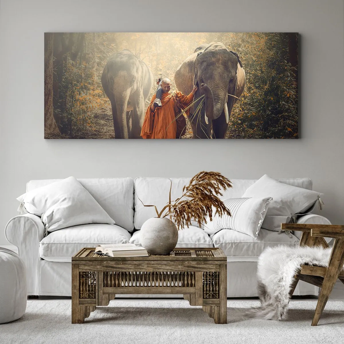 Quadro su tela - Stampe su Tela - Un monaco con una tunica arancione guida un elefante nella foresta. - 120x50cm - Comprensione perfetta - Decorazione murale moderna per soggiorno e camera da letto ARTTOR