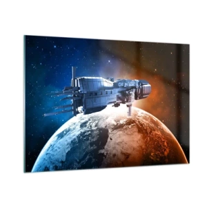 Quadro su vetro - Un'astronave in orbita attorno a un pianeta alla luce delle stelle - 100x70cm - Un attento osservatore - Decorazione murale moderna per soggiorno e camera da letto ARTTOR