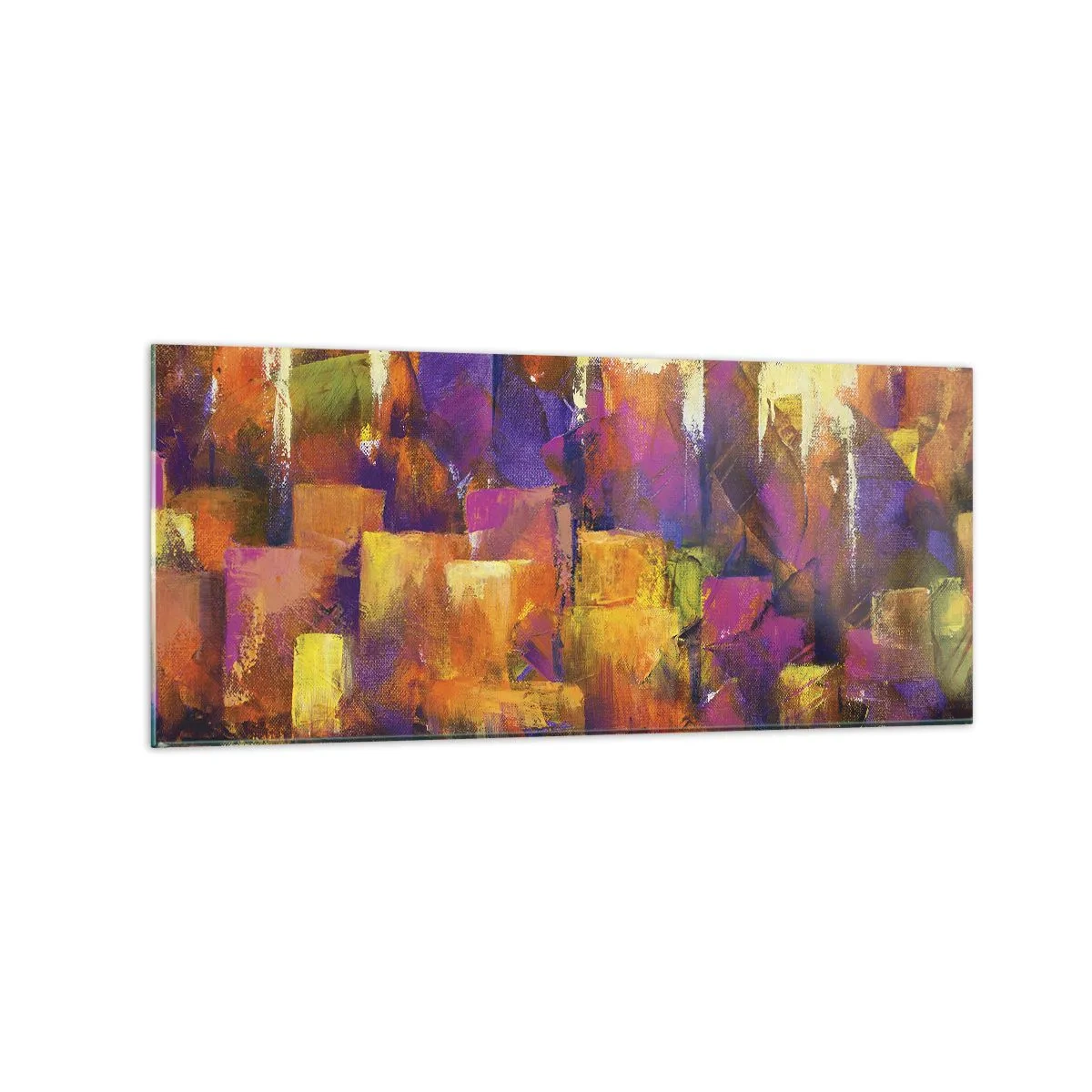 Quadro su vetro - Composizione astratta di una metropoli nei toni del giallo e del viola - 120x50cm - Composizione metropolitana - Decorazione murale moderna per soggiorno e camera da letto ARTTOR