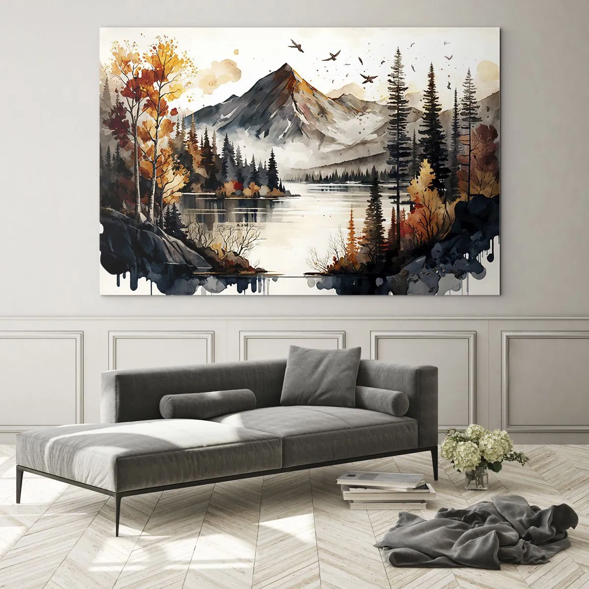 Quadro su vetro - Paesaggio montano autunnale con lago e foresta - 100x70cm - L'autunno dorato sui monti - Decorazione murale moderna per soggiorno e camera da letto ARTTOR