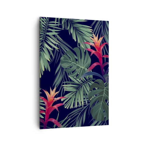 Quadro su tela - Stampe su Tela - Foglie e fiori tropicali su sfondo scuro - 70x100cm - Fiammante nel verde - Decorazione murale moderna per soggiorno e camera da letto ARTTOR