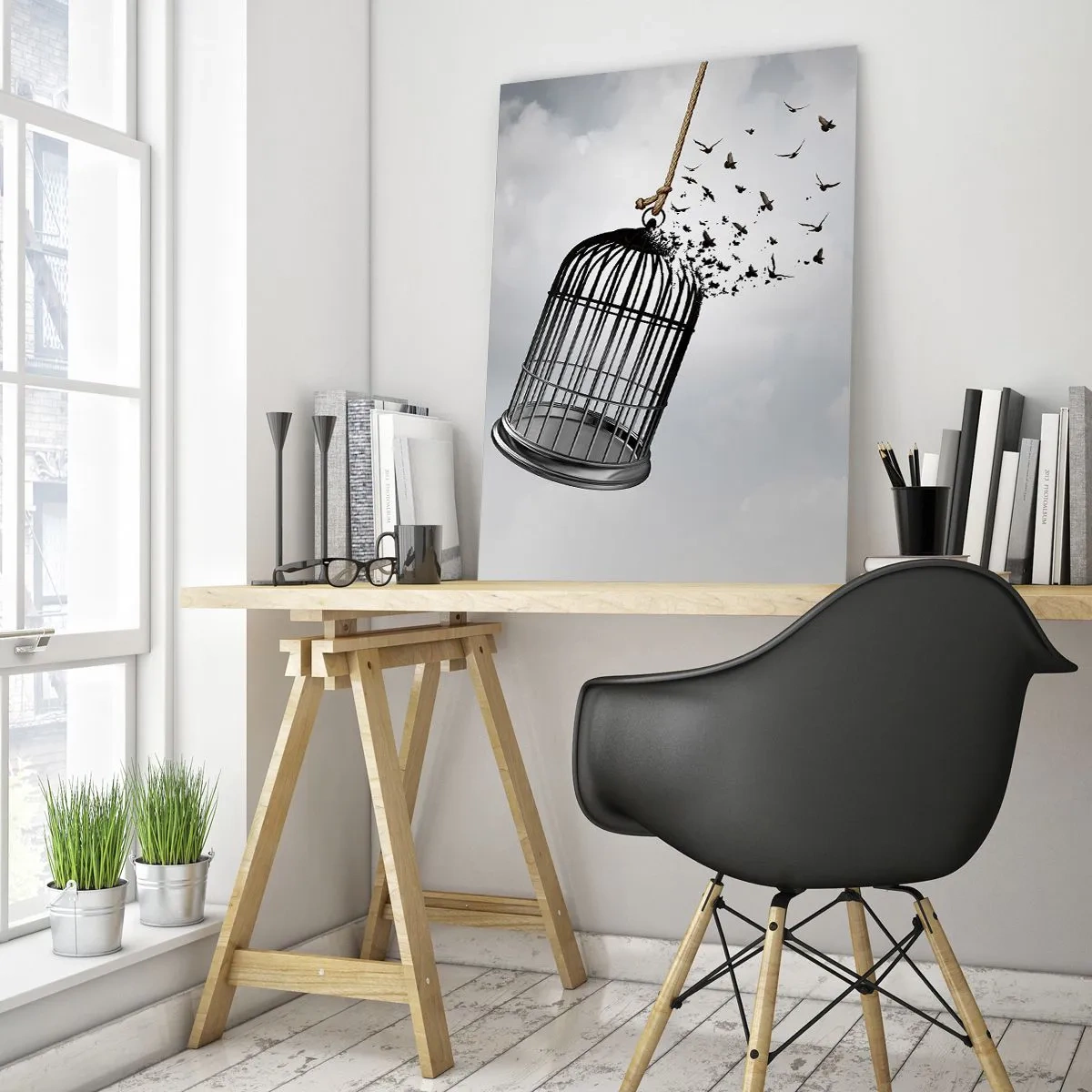 Quadro su vetro - L'apertura della gabbia e gli uccelli che volano fuori da essa contro il cielo - 50x70cm - Fede... Speranza... Libertà! - Decorazione murale moderna per soggiorno e camera da letto ARTTOR
