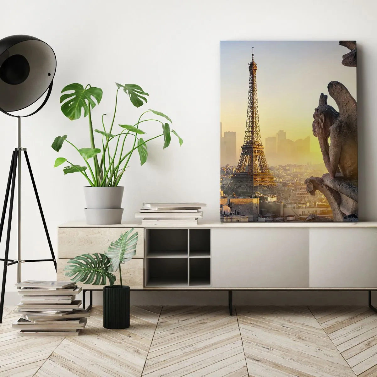 Quadro su tela - Stampe su Tela - Vista della Torre Eiffel con i gargoyle sullo sfondo - 80x120cm - Tante cose sono cambiate... - Decorazione murale moderna per soggiorno e camera da letto ARTTOR