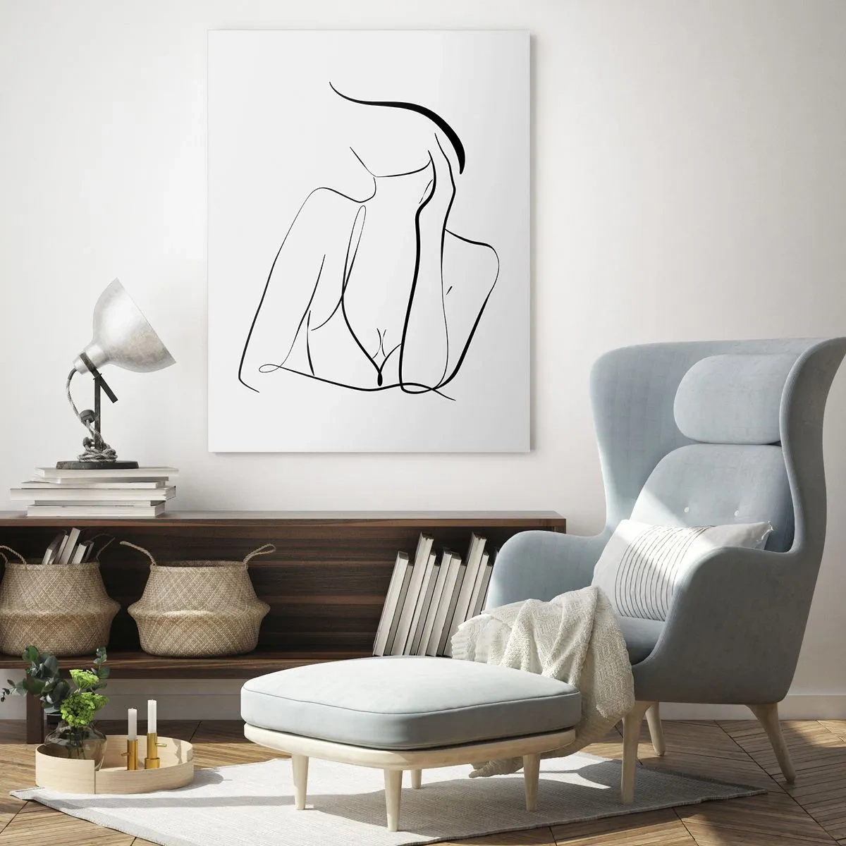 Quadro su vetro - Uno schizzo delicato di una silhouette femminile in stile minimalista - 80x120cm - Sull'onda dei sogni - Decorazione murale moderna per soggiorno e camera da letto ARTTOR